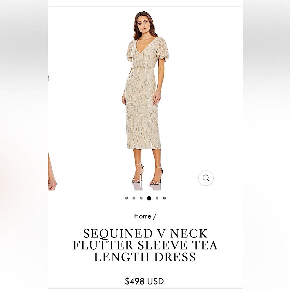 NWT MAC DUGGAL 93591 SEQUINED V-NECK FLUTTER SLEEVE TEA LENGTH DRESS 6